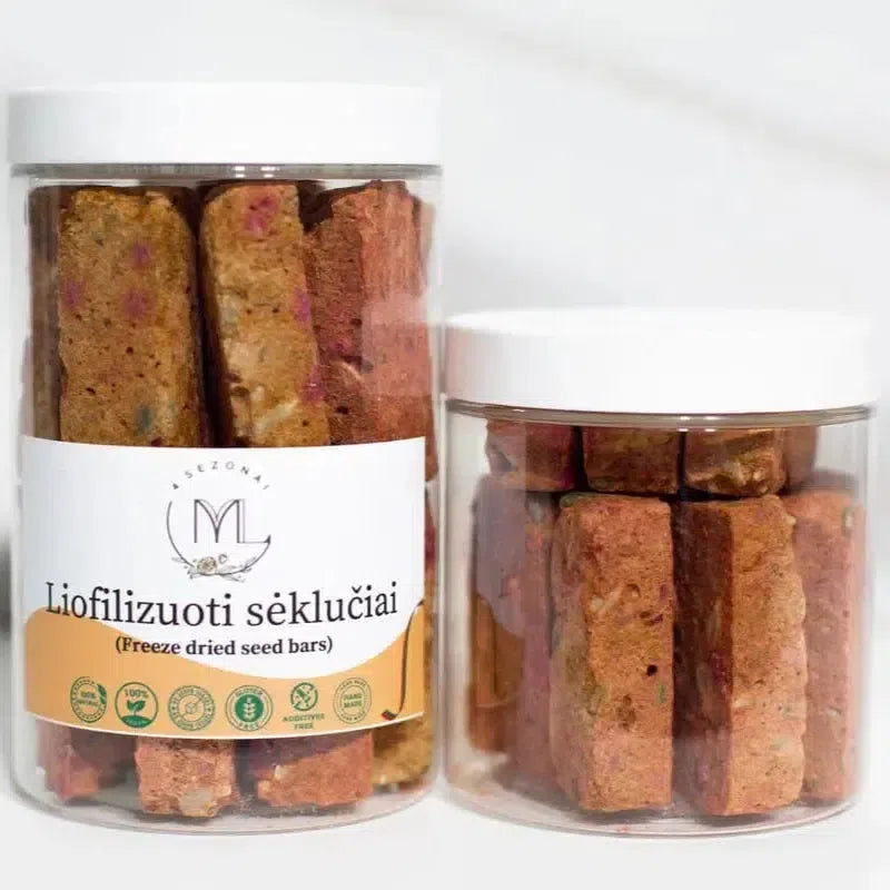 Liofilizuoti sėklučiai-4 sezonai-Obuoliai, bananai, avietės, saulėgrąžų sėklos, moliūgų sėklos, sezamų sėklos, linų sėmenys, nelukštentos kanapių sėklos, chia sėklos-Misiule.lt