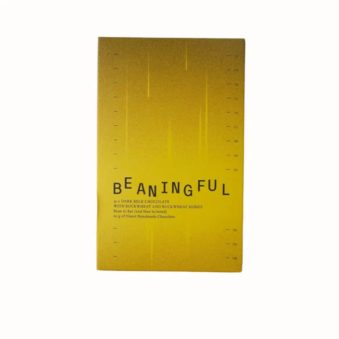 
A bar of 55% dark milk chocolate with buckwheat and buckwheat honey, featuring a striking yellow and metallic gold package. The design includes the bold "BEANINGFUL" logo, with a modern, industrial style that includes measurement lines across the package, highlighting the premium handmade chocolate inside.