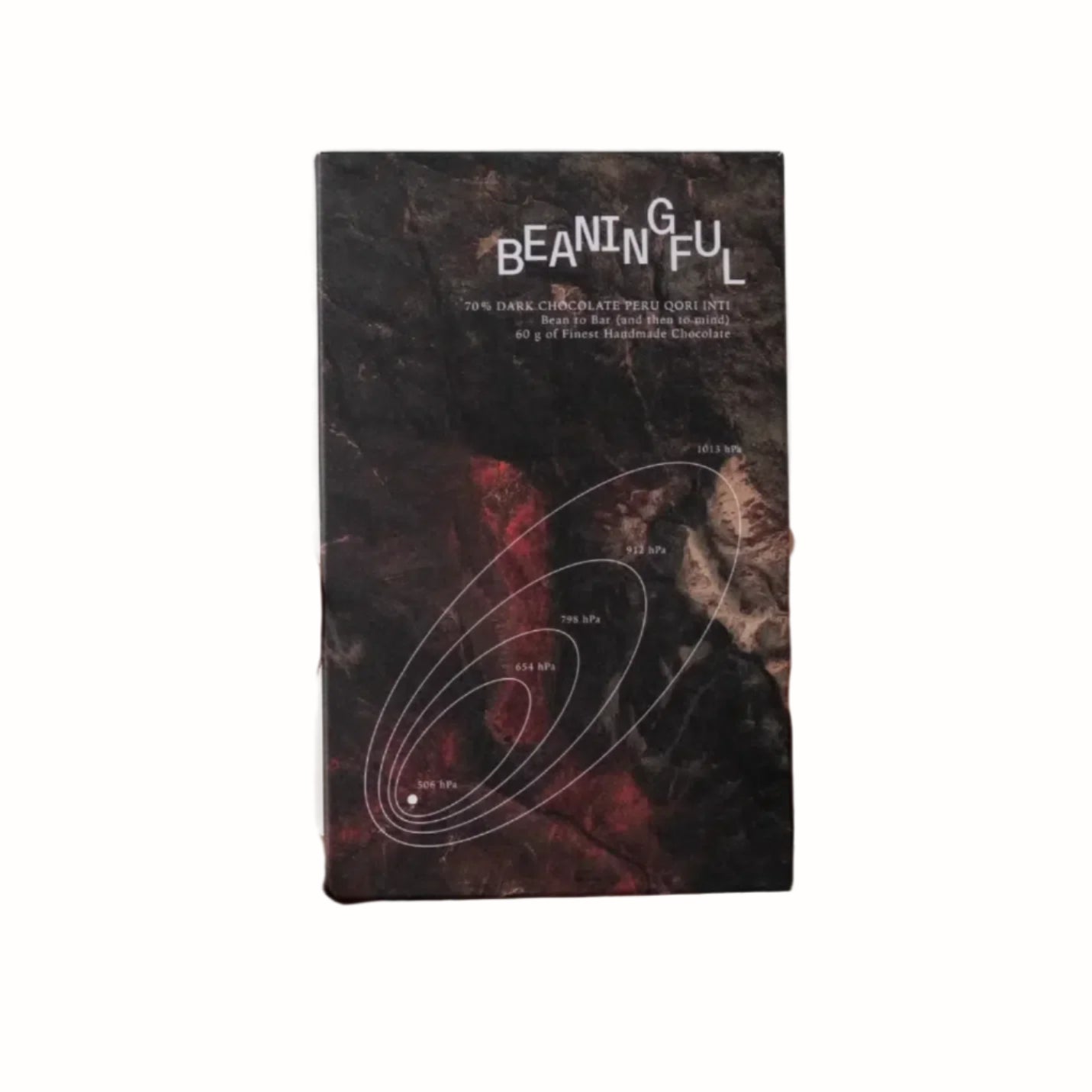
A 60g chocolate bar packaging from Beaningful, featuring 70% dark chocolate from Peru's Qori Inti. The design includes unique, abstract visuals and atmospheric pressure values, with the product name and description of "Bean to Bar (and then to mind)."