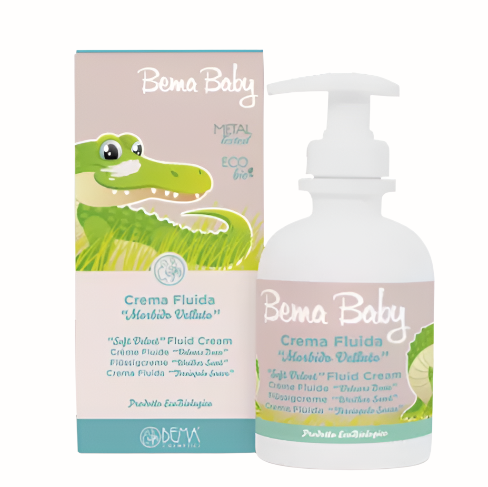 
A bottle of Bema Baby "Soft Touch" Fluid Cream with a cartoon crocodile on the packaging. The white bottle has a pump dispenser, and the box features the same design with the text "Soft Touch" Fluid Cream in multiple languages. The product is metal-tested and eco-bio certified. The net weight is not specified in the image.