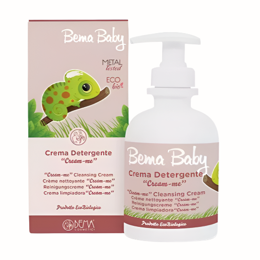 

A bottle of Bema Baby "Cream-me" Cleansing Cream with a cartoon chameleon on the packaging. The bottle is white with a pump dispenser, and the box features the same design with the text "Cream-me" Cleansing Cream in multiple languages. The product is metal-tested and eco-bio certified. The net weight is not specified in the image.