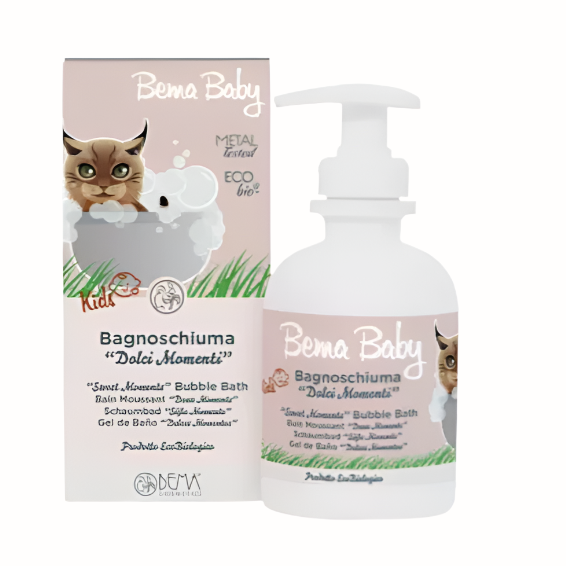 
A bottle of Bema Baby Sweet Moments Bubble Bath, complete with a matching box. The label features a cute kitten and describes the product as a gentle "Sweet Moments" bubble bath. It is labeled in multiple languages and includes the "Metal Tested" and "Eco Bio" certifications. The product comes with a pump dispenser for easy application.