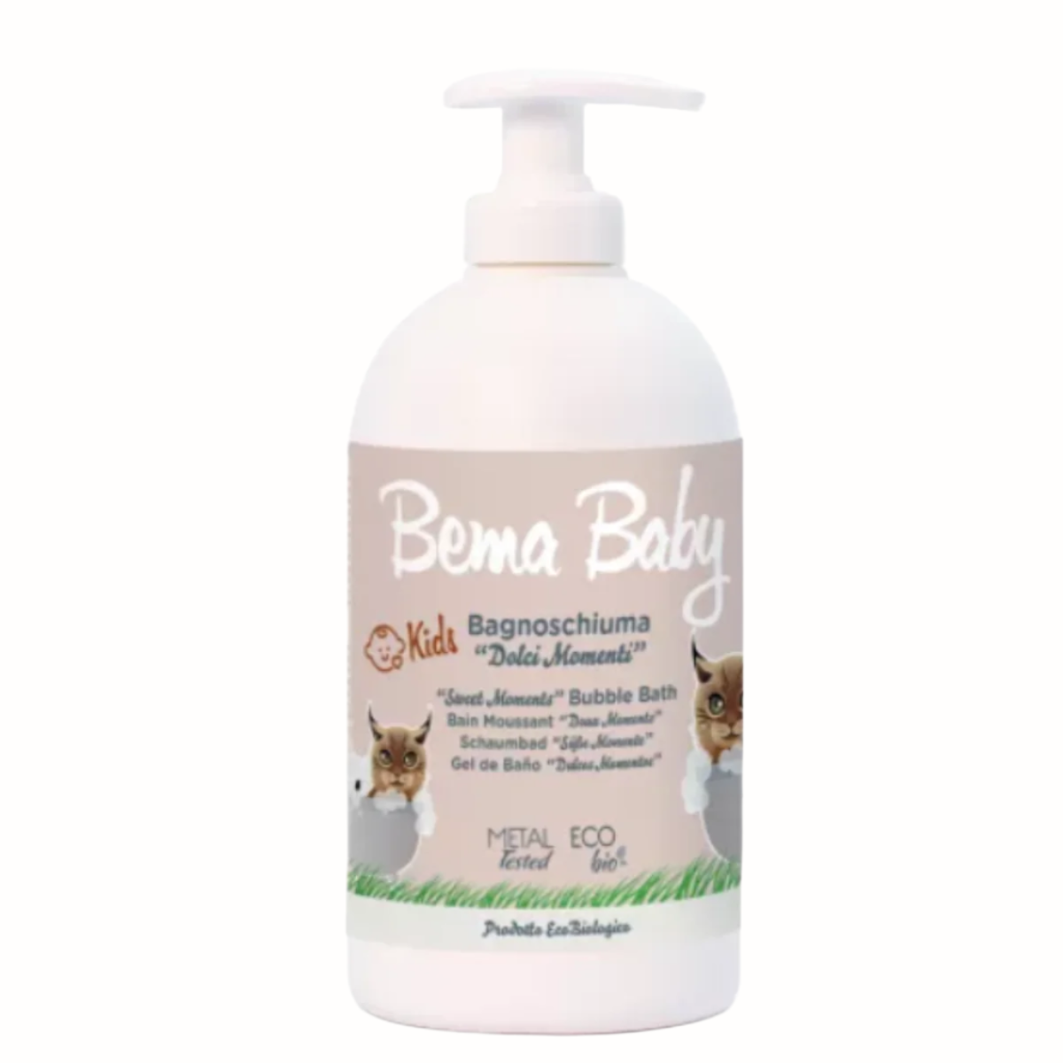 
A bottle of Bema Baby Sweet Moments Bubble Bath, featuring an adorable kitten on the label. The product is designed for children and is labeled as "Sweet Moments" bubble bath with multilingual descriptions. The label also mentions "Metal Tested" and "Eco Bio" certifications. The bottle comes with a pump dispenser for easy use.