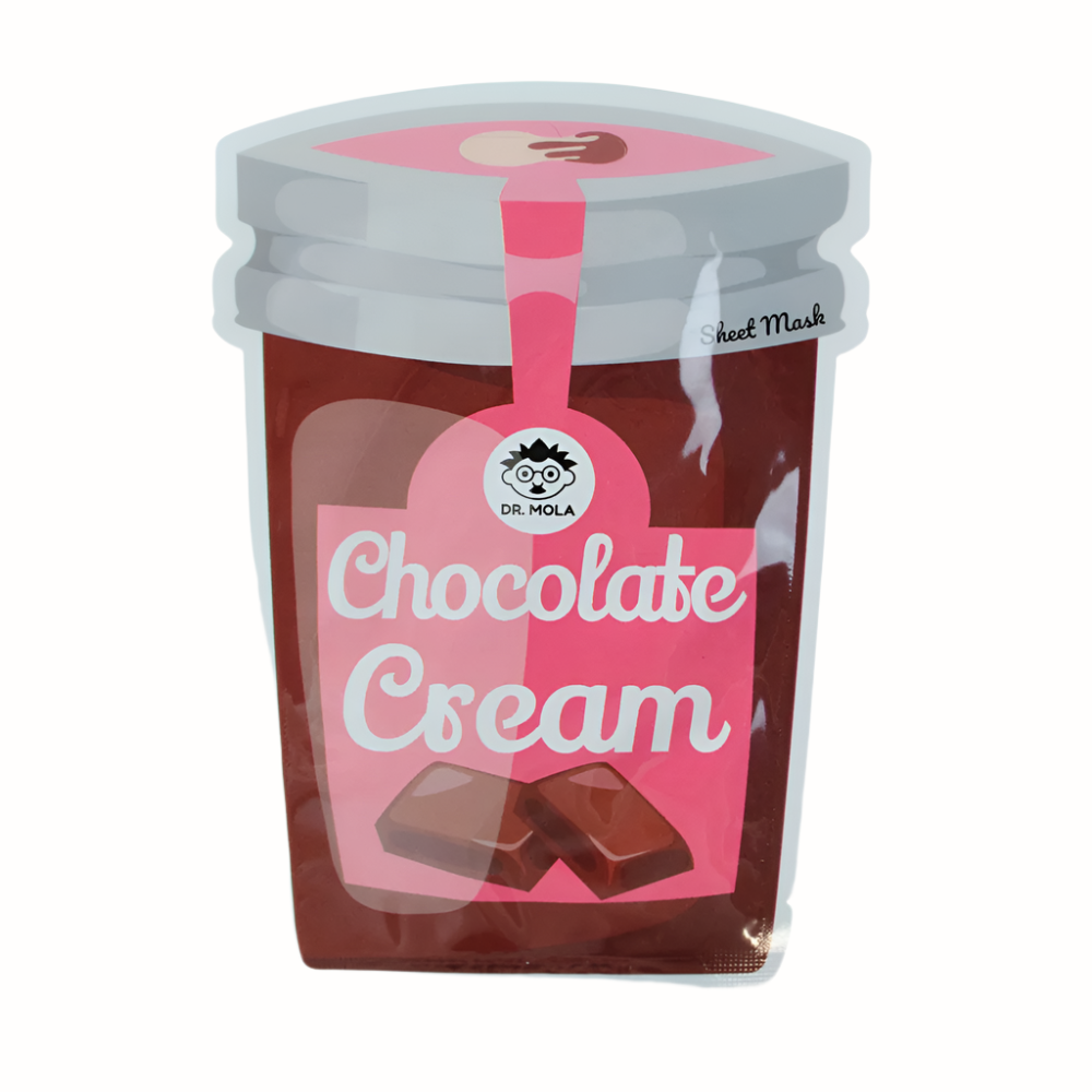 Dr._Mola_Chocolate_Cream_Sheet_Mask
A playful sheet mask pack designed like a jar of chocolate cream, featuring the Dr. Mola brand. The packaging is vibrant, with pink and brown hues, and showcases the product's name "Chocolate Cream" in bold white lettering, along with chocolate bar illustrations. The mask offers a fun, skincare experience with a unique chocolate-themed design.