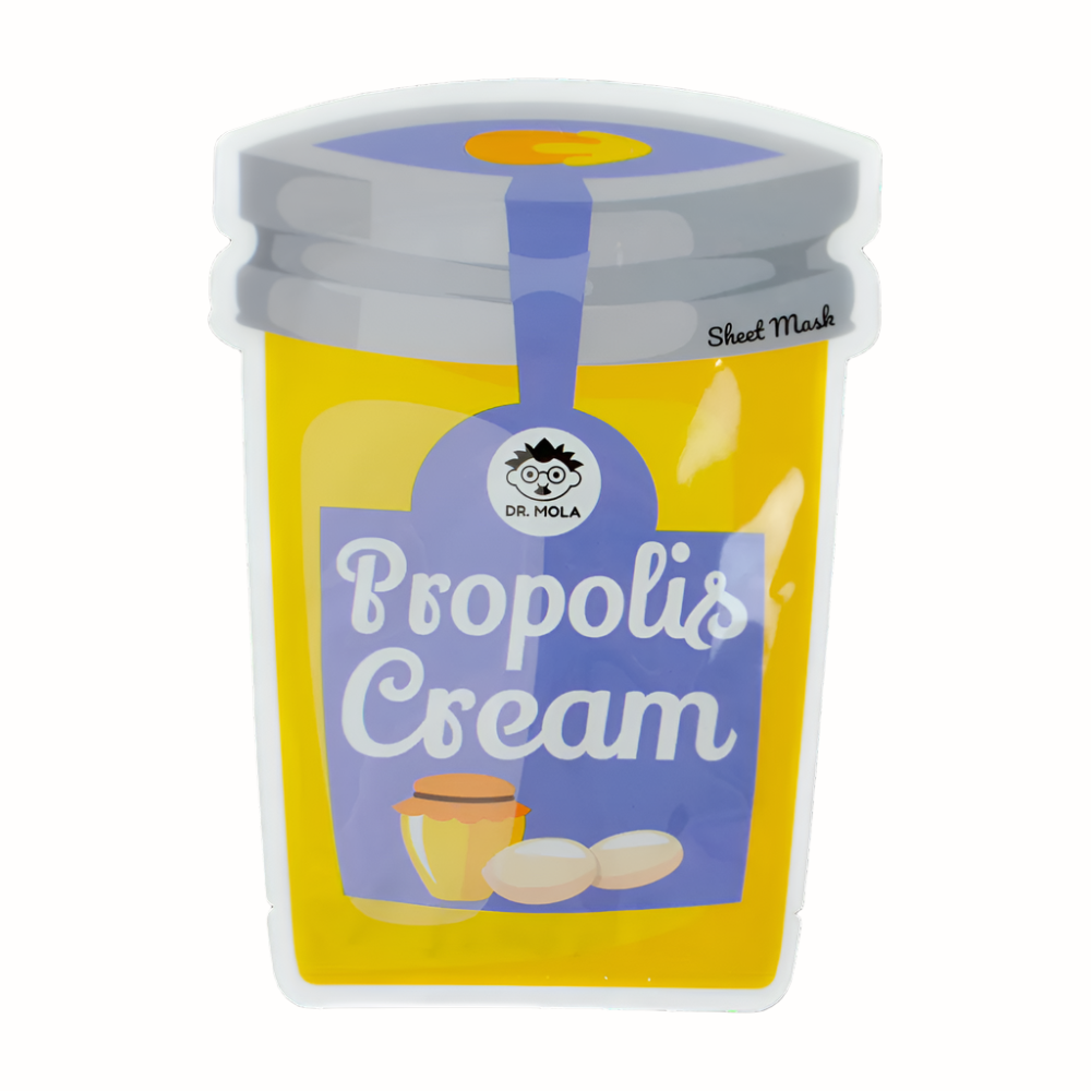 A bright and colorful sheet mask package featuring a playful design, with the product name "Propolis Cream" in white font. The package is designed to look like a jar, with a yellow background and purple lid, featuring an image of a honey jar and propolis. The mask is from the Dr. Mola brand, and it offers skincare benefits, likely related to propolis for soothing and nourishing the skin.