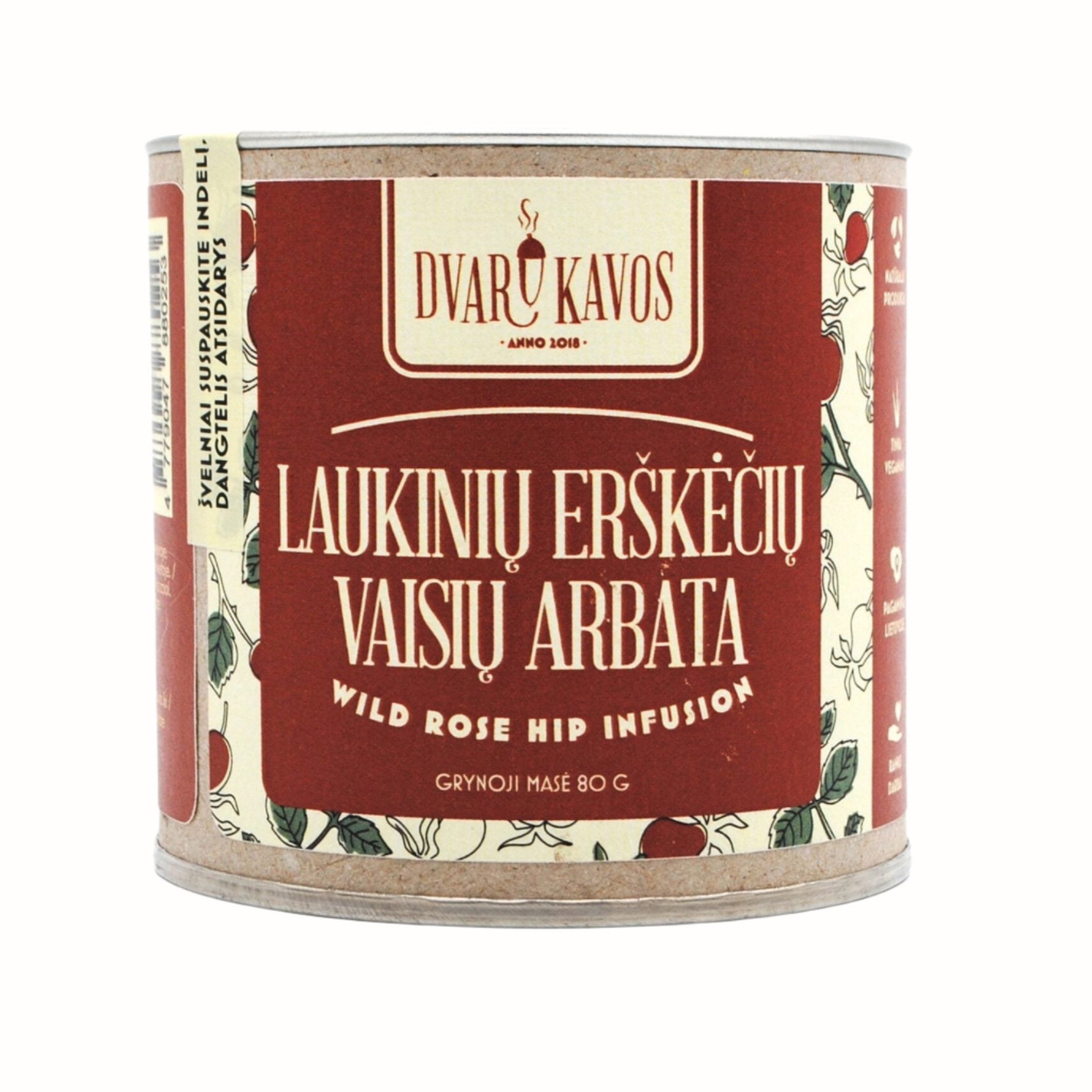 
A can of Dvaru Kavos wild rose hip infusion, featuring a red label with the Lithuanian text "Laukininių Erškėčių Vaisių Arbata" and "Wild Rose Hip Infusion" in English. The canister, made of cardboard, displays illustrations of rose hips and leaves. The product is marketed as a herbal infusion, with a net weight of 80g.