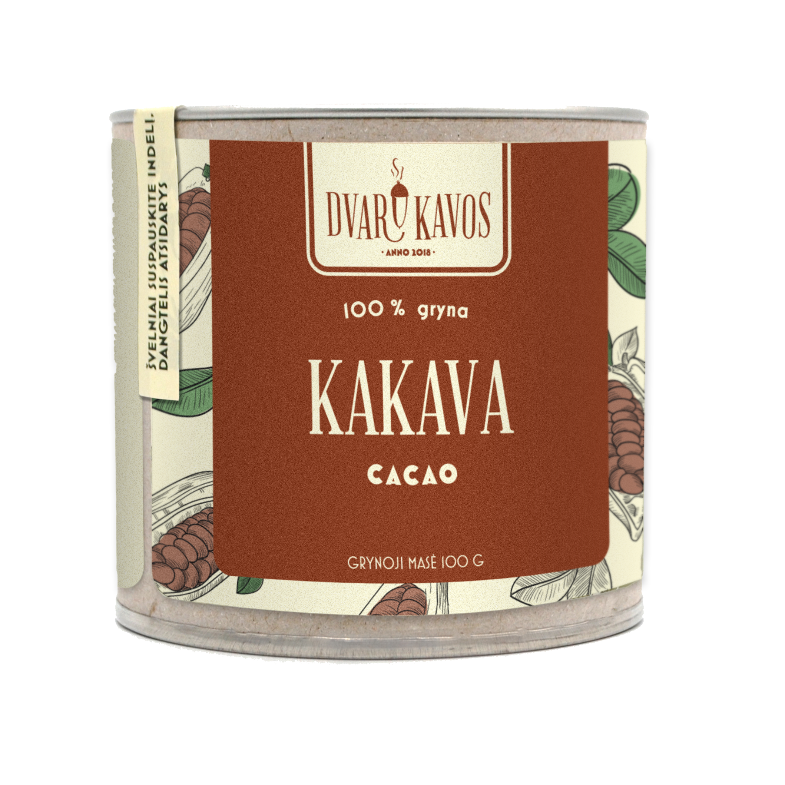 
A round canister of 100% pure cacao labeled "Kakava" in Lithuanian and "Cacao" in English. The design features a rich brown color with botanical illustrations of cacao pods and leaves. The weight is 100g, and the packaging carries the "Dvaru Kavos" brand name at the top.