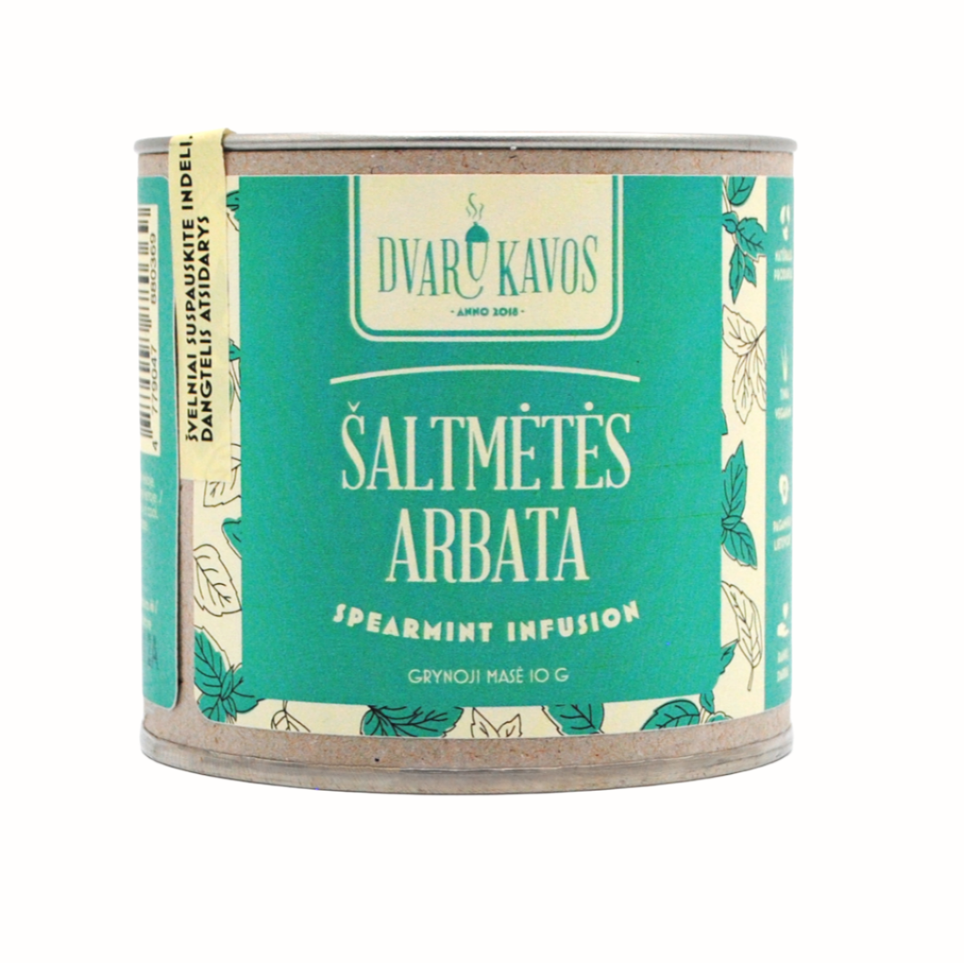 
A can of Dvaru Kavos spearmint infusion, with a turquoise label featuring the Lithuanian text "Šaltmėtės Arbata" and "Spearmint Infusion" in English. The design includes illustrations of mint leaves. The product is a herbal tea, with a net weight of 10g.