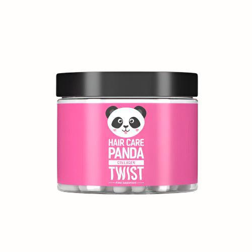 
A clear jar with a black lid, labeled "Hair Care Panda Collagen Twist" in bright pink. The label features a panda face and mentions that it is a food supplement containing collagen.