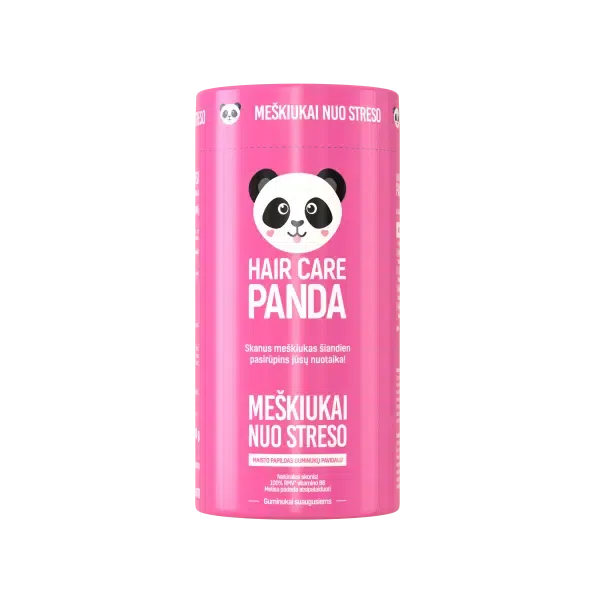 
A pink container featuring a panda logo, containing gummy supplements designed to reduce stress. The label reads "Meškiukai nuo Streso" in Lithuanian, meaning "Bears for Stress."