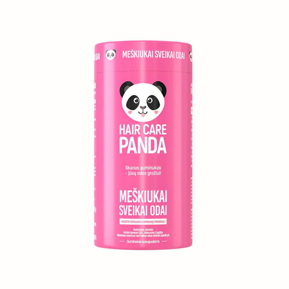 
A pink container featuring a panda logo, containing gummy supplements designed to support skin health. The label reads "Meškiukai Sveikai Odai" in Lithuanian, meaning "Bears for Healthy Skin."