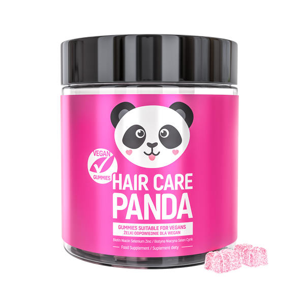 
A pink jar with a black lid labeled "Hair Care Panda" containing vegan gummies, with a cute panda illustration. The jar is accompanied by a few gummy pieces shown beside it, indicating the product is suitable for vegans and is a dietary supplement.