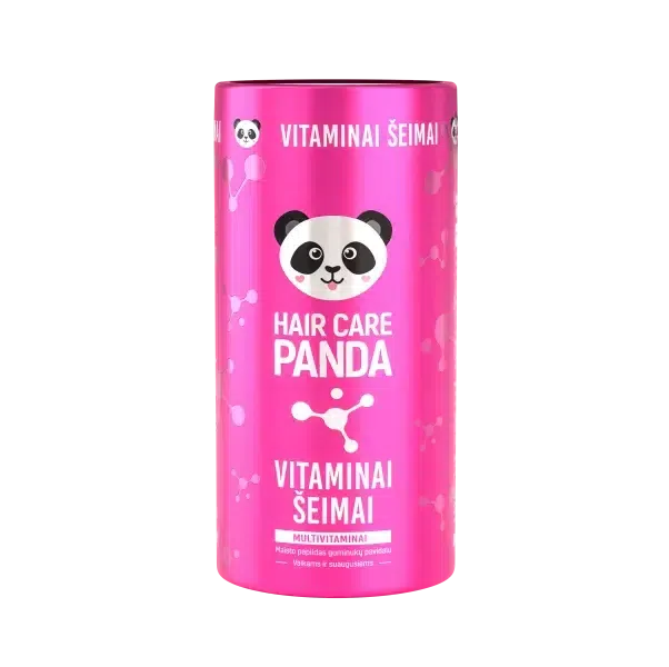 A bright pink cylindrical container labeled "Hair Care Panda Multivitamins for Families" with a panda face and molecular structure design. The label mentions it is a multivitamin food supplement for adults and children.