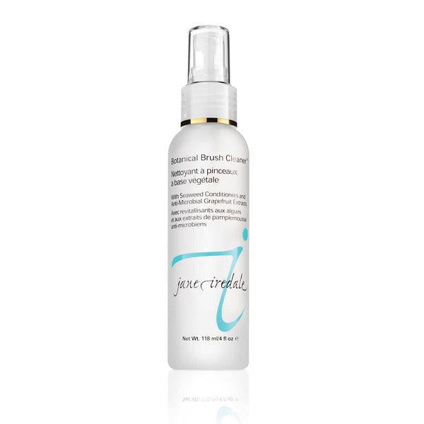 A 118ml bottle of Jane Iredale Botanical Brush Cleaner, designed to clean and refresh makeup brushes. It contains seaweed conditioners and antimicrobial grapefruit extract, ensuring effective hygiene and maintenance of brushes. The cleaner is gentle and easy to use with a spray applicator.