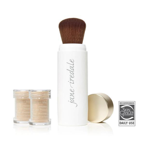 Jane Iredale Powder-Me SPF 30  
A package of Jane Iredale Powder-Me SPF 30 dry sunscreen featuring two powder containers and a convenient brush applicator. The product offers broad-spectrum protection and is resistant to sweat and water. It is recommended by the Skin Cancer Foundation for daily use, providing an easy and portable solution for sun protection.