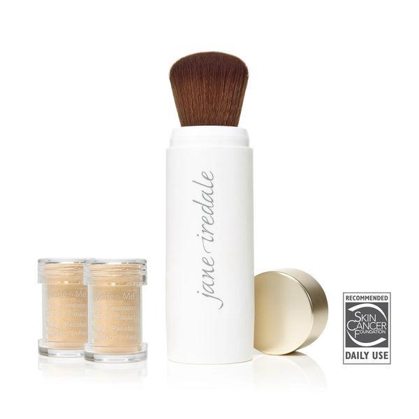Jane Iredale Powder-Me SPF 30  
A package of Jane Iredale Powder-Me SPF 30 dry sunscreen featuring two powder containers and a convenient brush applicator. The product offers broad-spectrum protection and is resistant to sweat and water. It is recommended by the Skin Cancer Foundation for daily use, providing an easy and portable solution for sun protection.