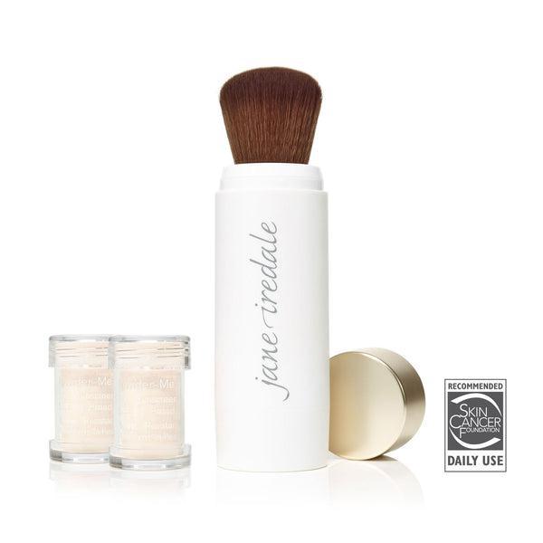 Jane Iredale Powder-Me SPF 30  
A package of Jane Iredale Powder-Me SPF 30 dry sunscreen featuring two powder containers and a convenient brush applicator. The product offers broad-spectrum protection and is resistant to sweat and water. It is recommended by the Skin Cancer Foundation for daily use, providing an easy and portable solution for sun protection.