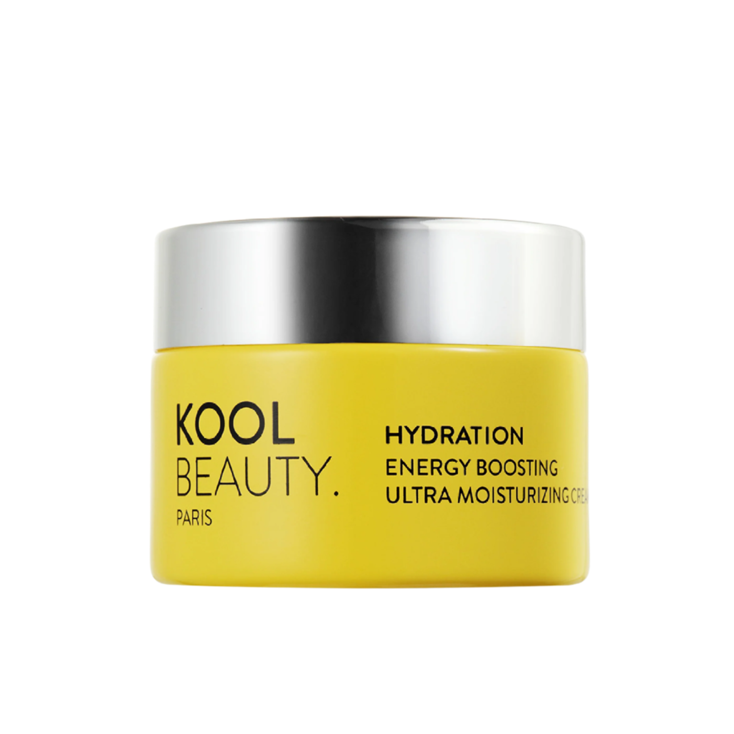 A yellow jar of "Kool Beauty Paris" Hydration Energy Boosting Ultra Moisturizing Cream, featuring a sleek silver lid and bold black text.