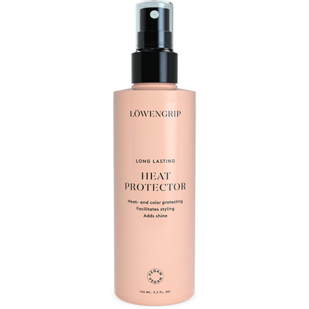 Long Lasting Heat Protector  
A bottle of Long Lasting Heat Protector from Löwengrip, designed to protect hair from heat damage while preserving color. It also facilitates styling and adds shine, with a vegan-friendly formula in a 150 ml size.