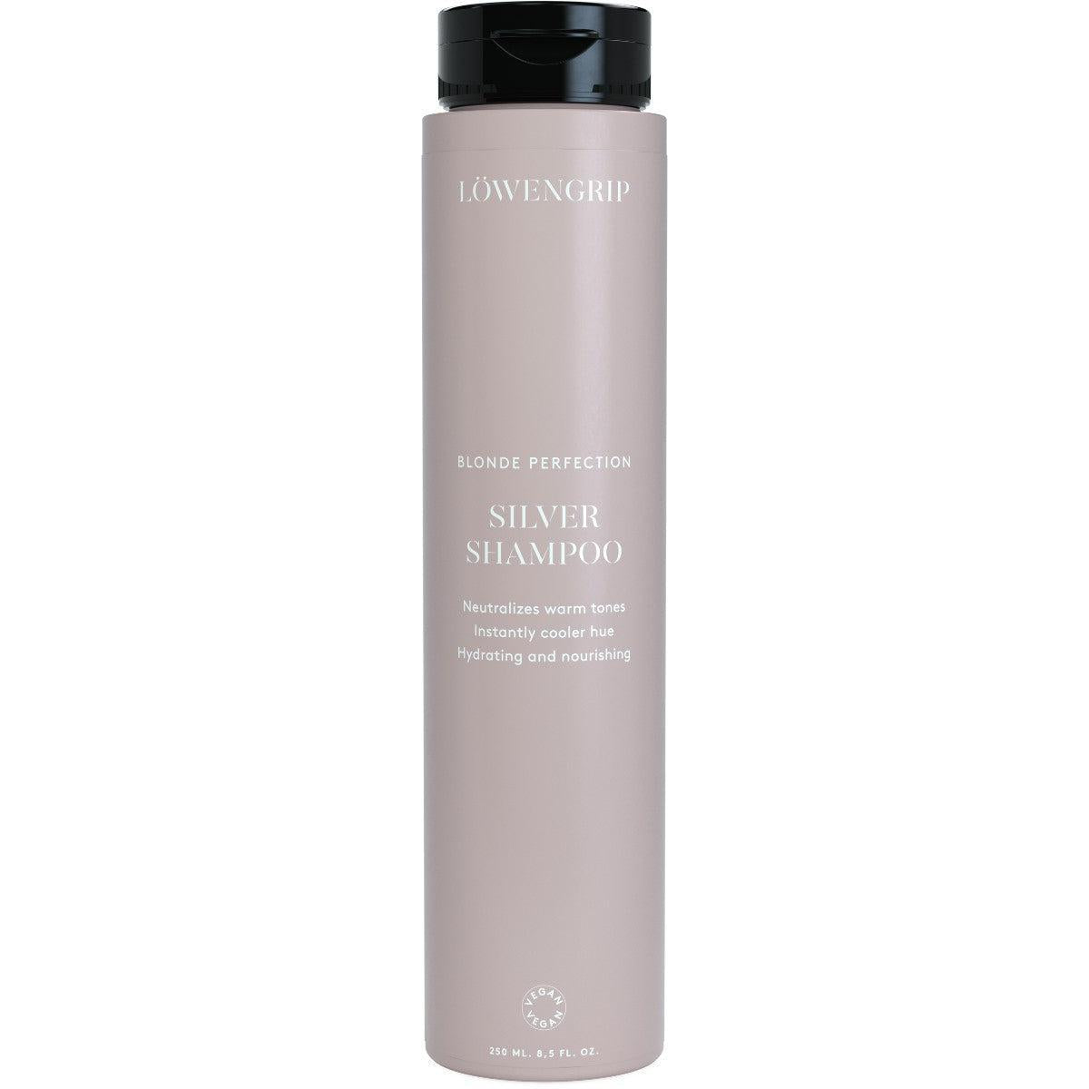 Löwengrip Silver Shampoo  
A bottle of Löwengrip Silver Shampoo, designed for blonde hair to neutralize warm tones and provide an instantly cooler hue. The shampoo is hydrating and nourishing, ideal for maintaining healthy, vibrant blonde hair.