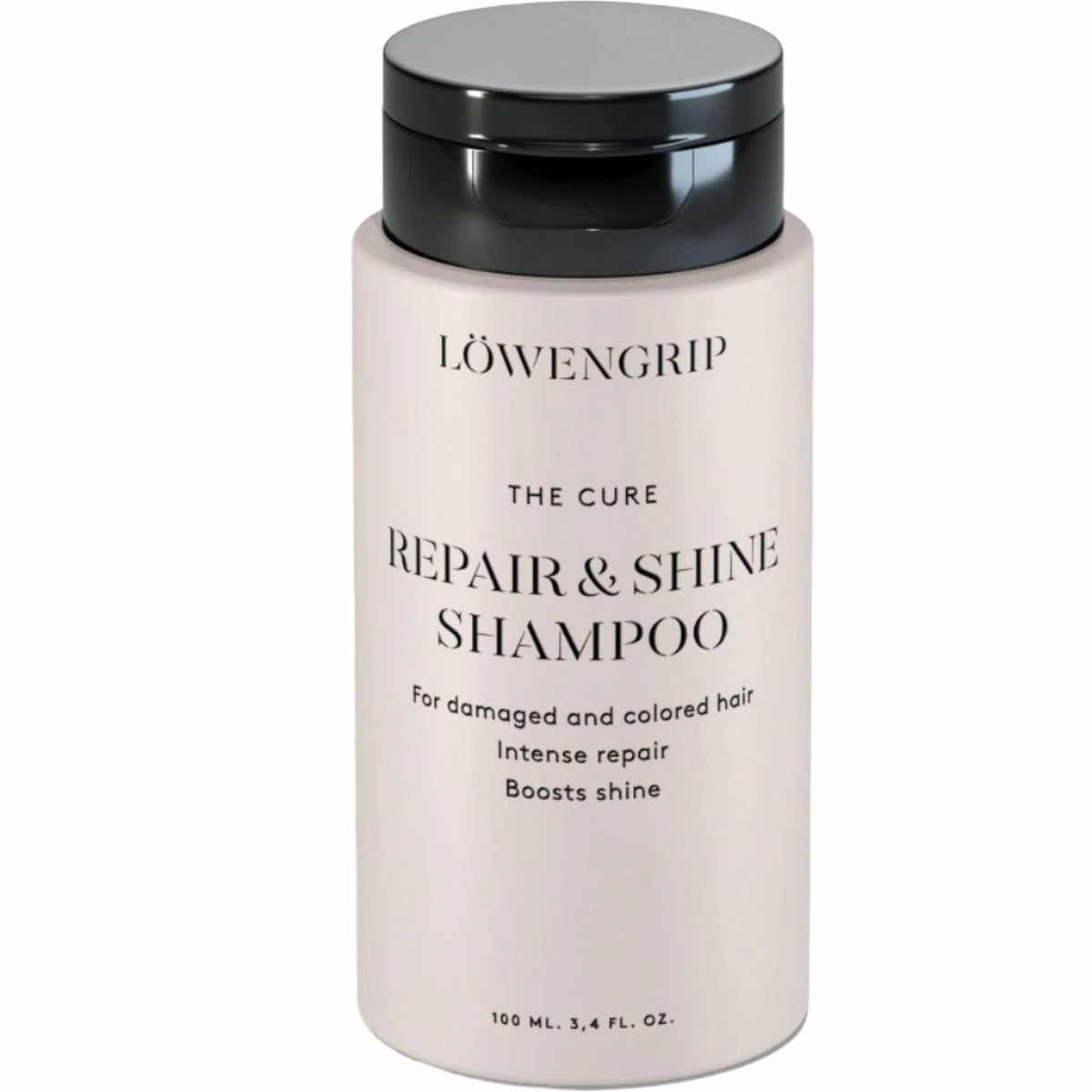 Löwengrip Repair & Shine Shampoo  
A bottle of Löwengrip Repair & Shine Shampoo in a light pink container, labeled for damaged and colored hair. The product promises intense repair and boosts shine, with a volume of 100 ml.