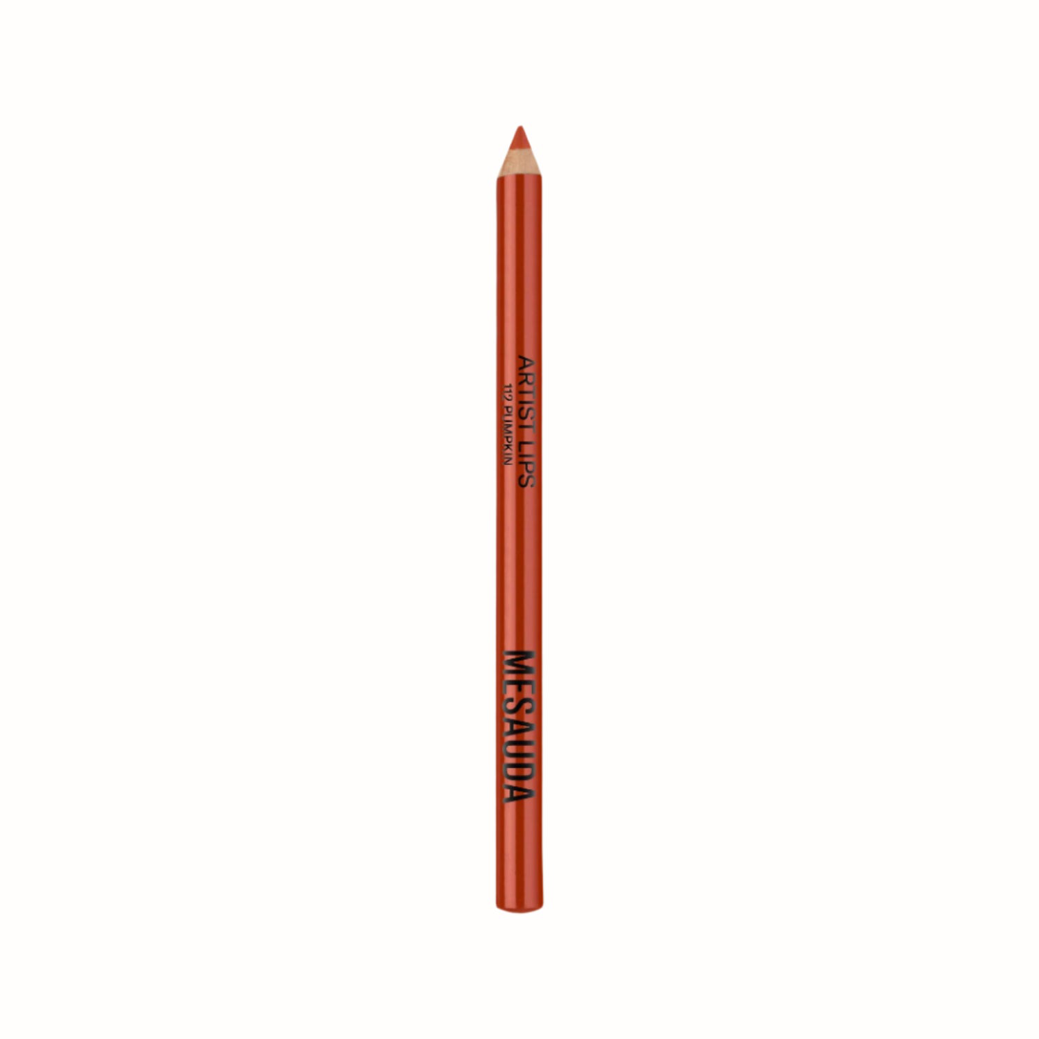 A lip pencil from Mesuada, labeled "ARTIST LIPS 112 PUMPKIN." The pencil has a smooth, red-orange shade and features the Mesuada brand in bold black lettering along the side.