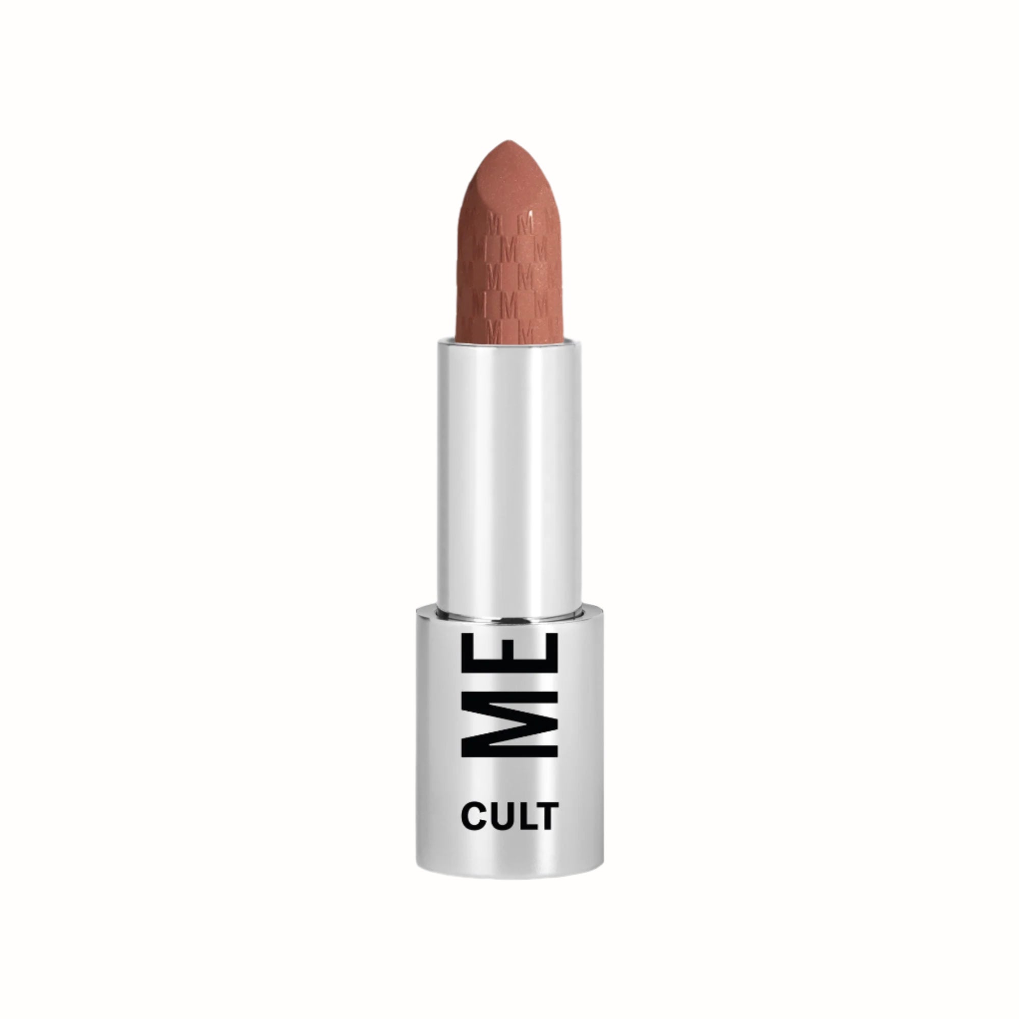 A bullet of matte red lipstick from the Cult collection by Mesauda, featuring a sleek silver casing with the "ME" and "CULT" branding. The lipstick has a smooth, creamy texture with a long-lasting finish, perfect for adding a bold, sophisticated touch to any look.