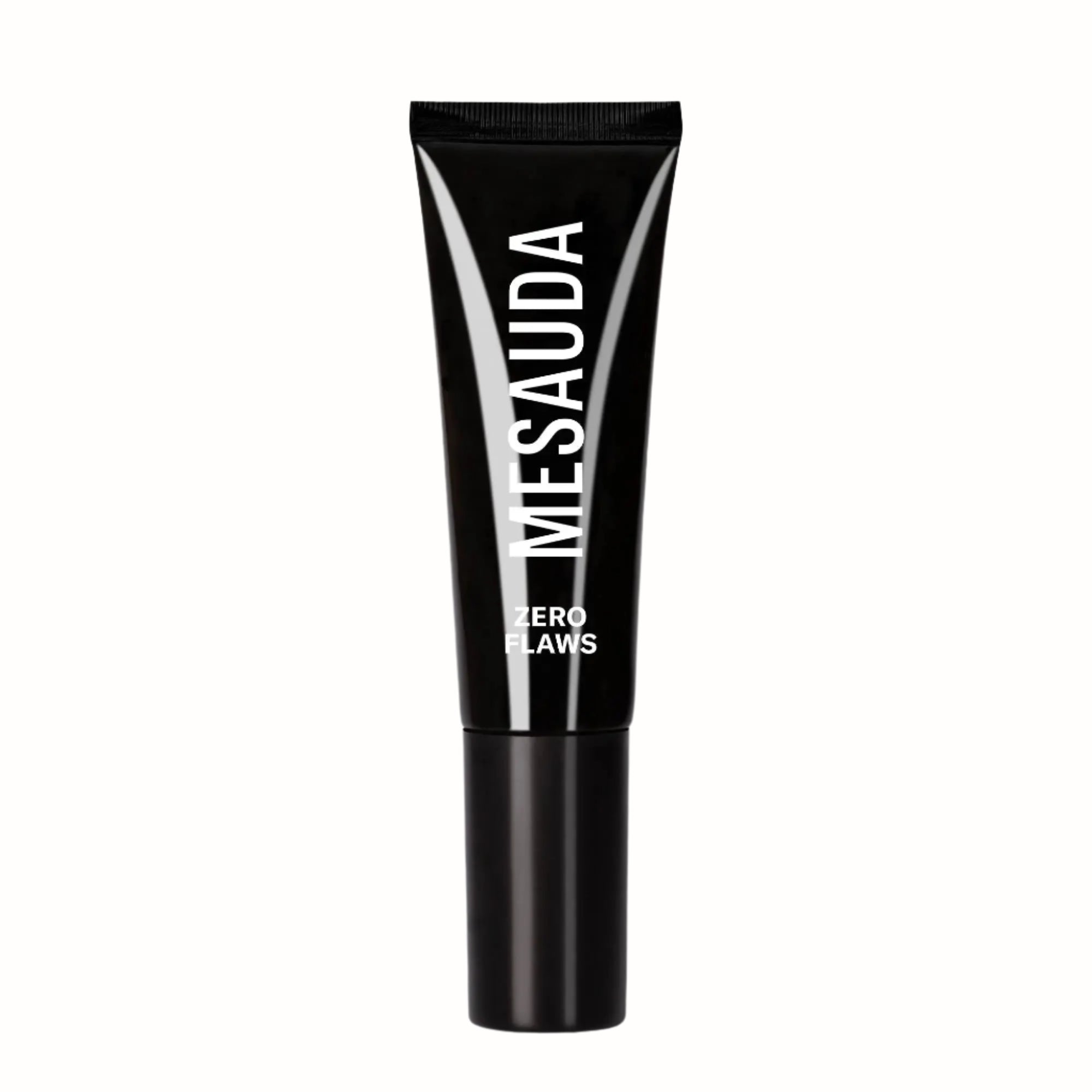 A sleek black tube of Mesauda's Zero Flaws primer, designed to smooth and perfect the skin's surface for a flawless finish. The product helps create an even base for makeup application, minimizing the appearance of pores and imperfections while providing a shine-free, matte look. Ideal for achieving a smooth, long-lasting makeup finish.
