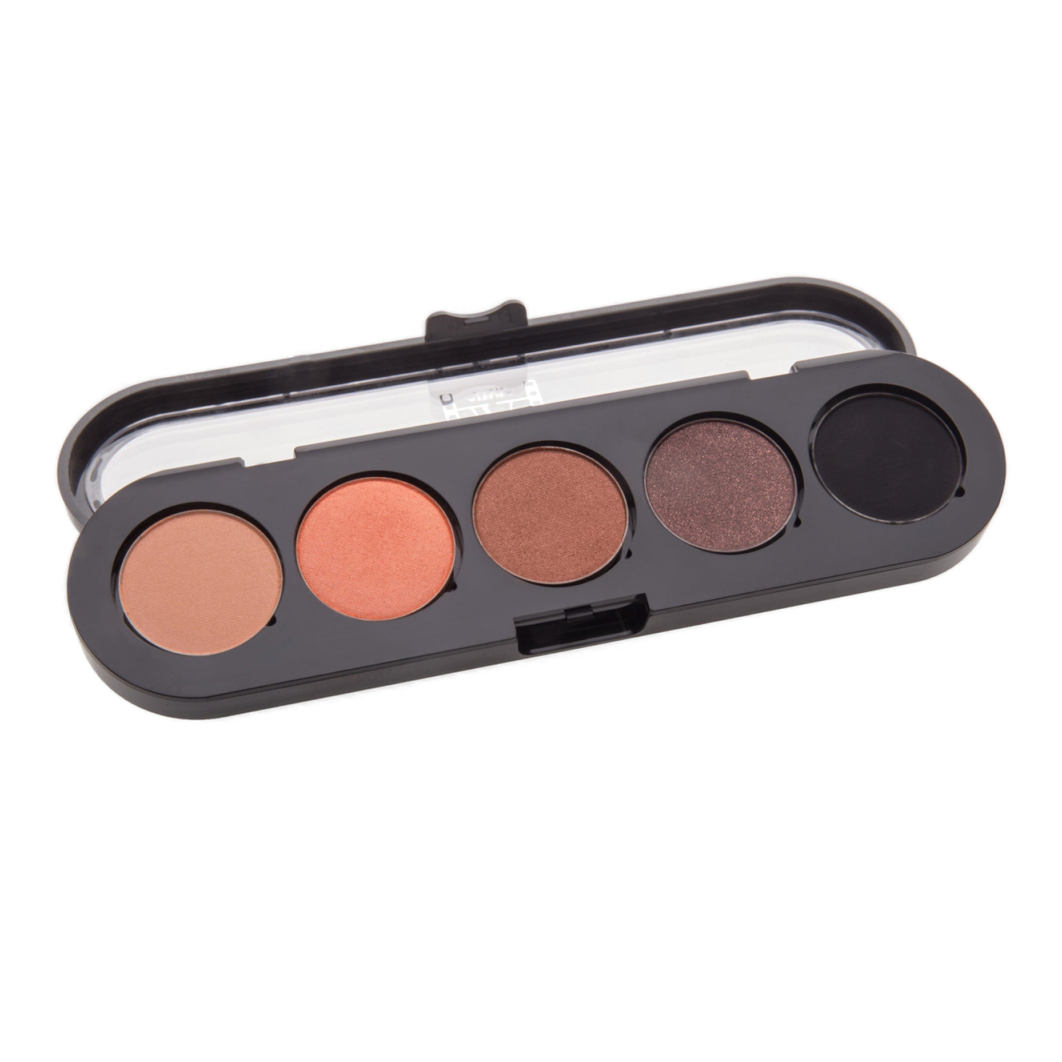 A sleek black eyeshadow palette with five warm shades, ranging from light orange to deep red-brown, housed in a compact case with a clear lid.