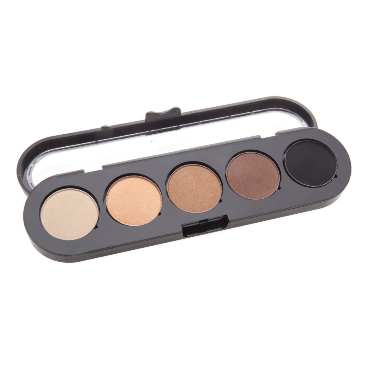 
A sleek black eyeshadow palette with five warm shades, ranging from light beige to dark brown, housed in a compact case with a clear lid.






