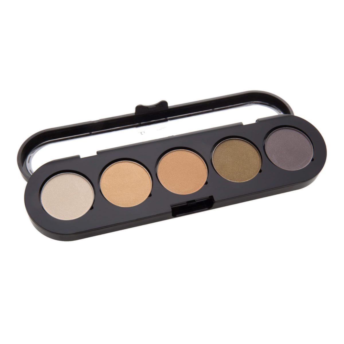 This palette features five shades ranging from light beige to brown and olive tones, with a touch of darker purple. It's a neutral-toned eyeshadow palette designed in a sleek black case with a transparent lid.