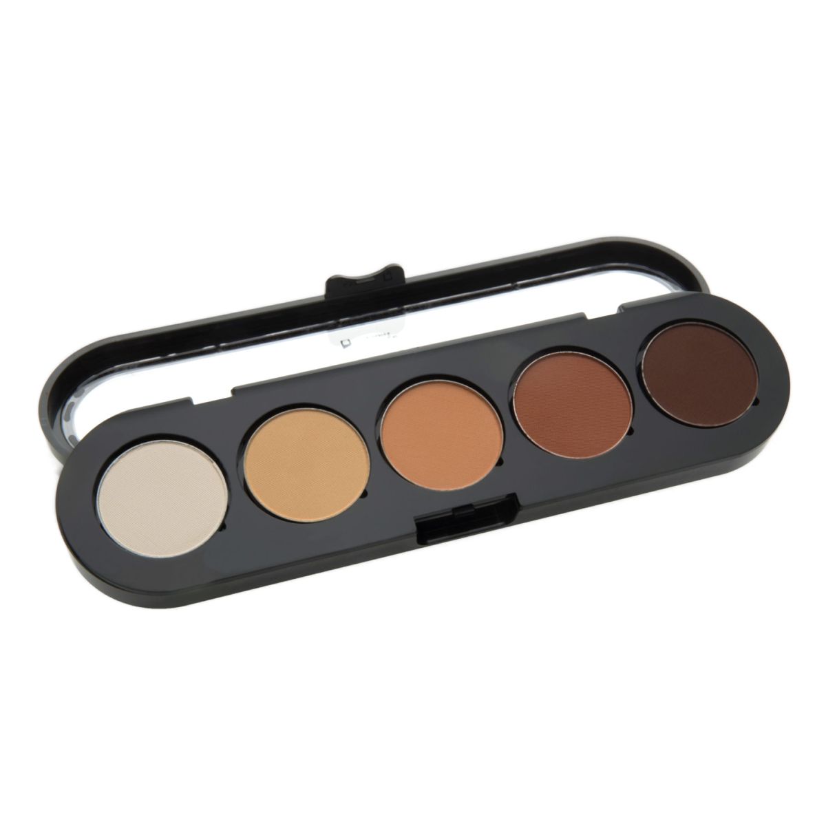This is a neutral brown eyeshadow palette with five shades, ranging from light beige to dark brown, neatly arranged in a sleek black case with a transparent lid.