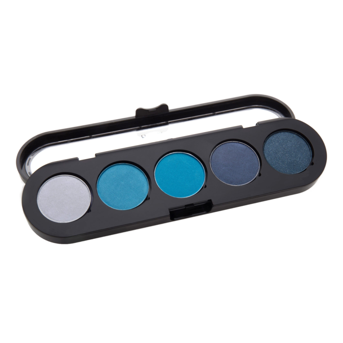 A sleek black eyeshadow palette with five shades of blue, ranging from light silver to dark teal, housed in a compact case with a clear lid.