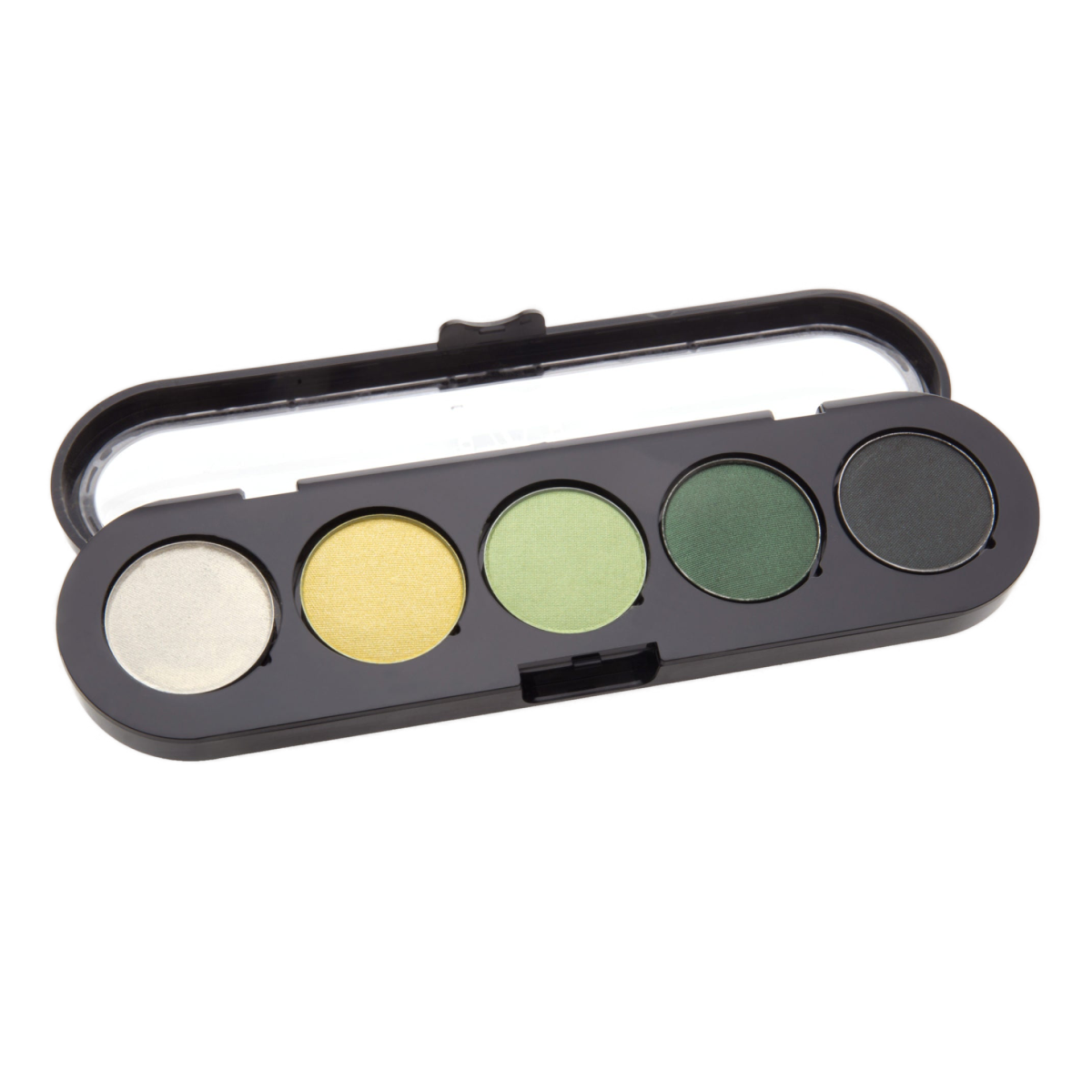 A sleek black eyeshadow palette with five green shades, ranging from light yellow-green to deep forest green, housed in a compact case with a clear lid.