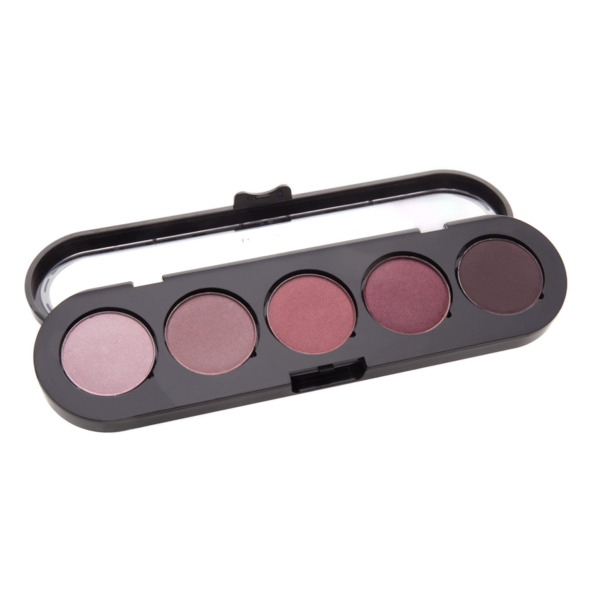 A sleek black eyeshadow palette featuring five shades of purple, ranging from soft lavender to deep plum, housed in a compact case with a clear lid.