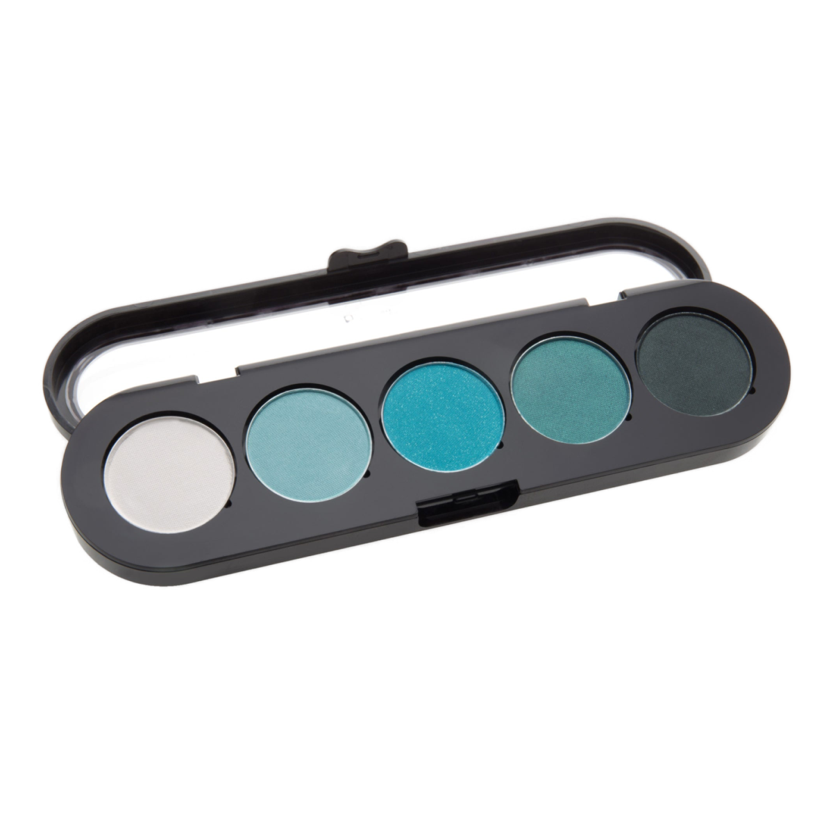 A sleek black eyeshadow palette with five shades of green, from soft mint to deep forest green, housed in a compact case with a clear lid.