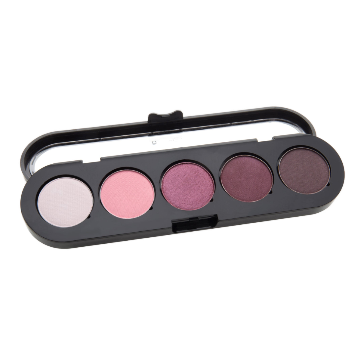 A sleek black eyeshadow palette with five shades ranging from soft pinks to deep purples, housed in a compact case with a clear lid.