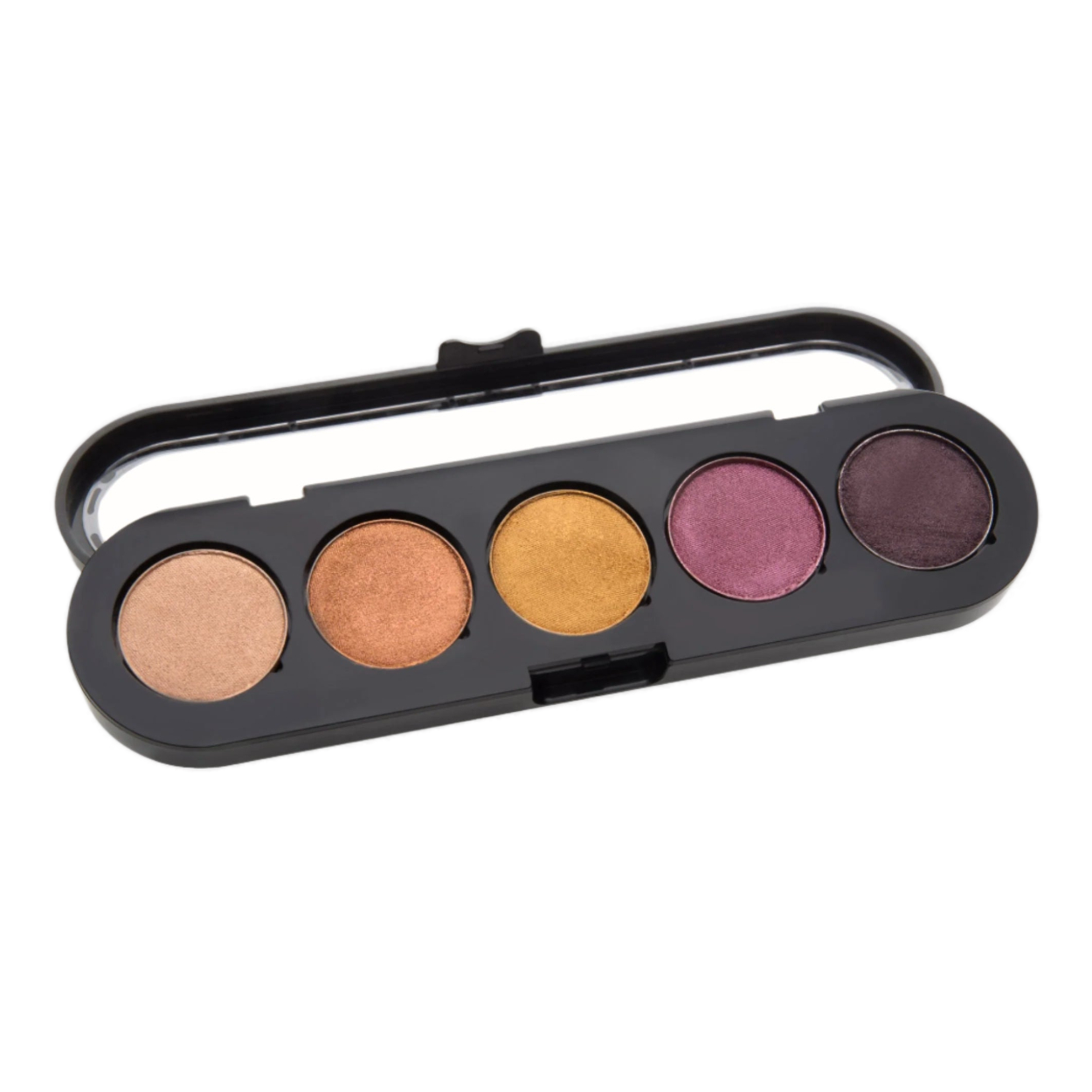 A sleek black eyeshadow palette featuring five warm metallic shades, including copper, gold, and purple hues, housed in a compact case with a clear lid.