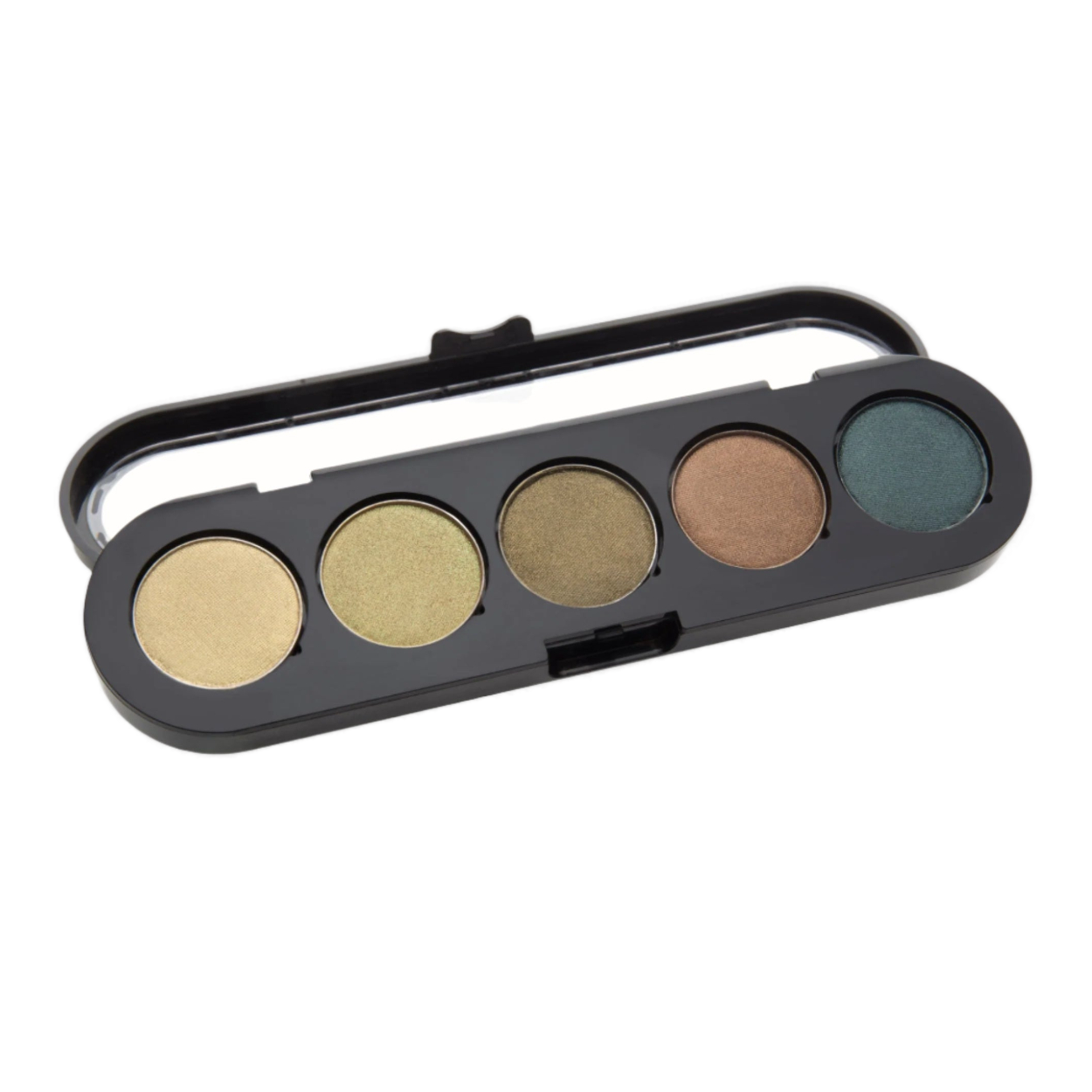 
A sleek black eyeshadow palette with five shades of earthy greens and browns, ranging from light gold to deep forest green, housed in a compact case with a clear lid.
