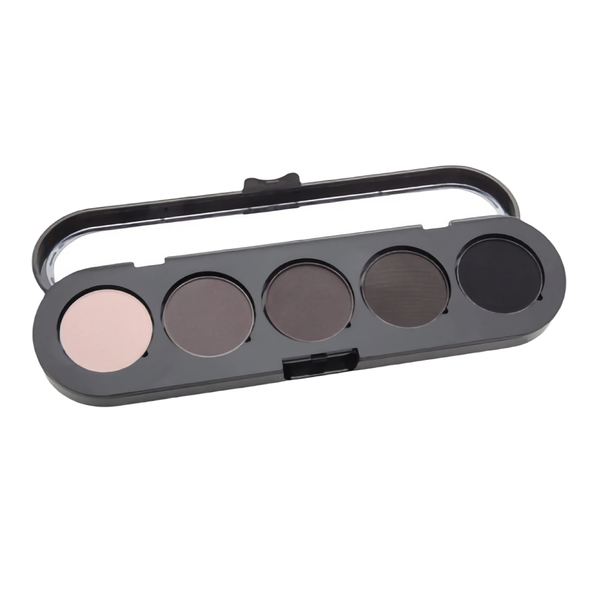 
A sleek black eyeshadow palette with five shades of gray and black, ranging from light taupe to deep charcoal, housed in a compact case with a clear lid.