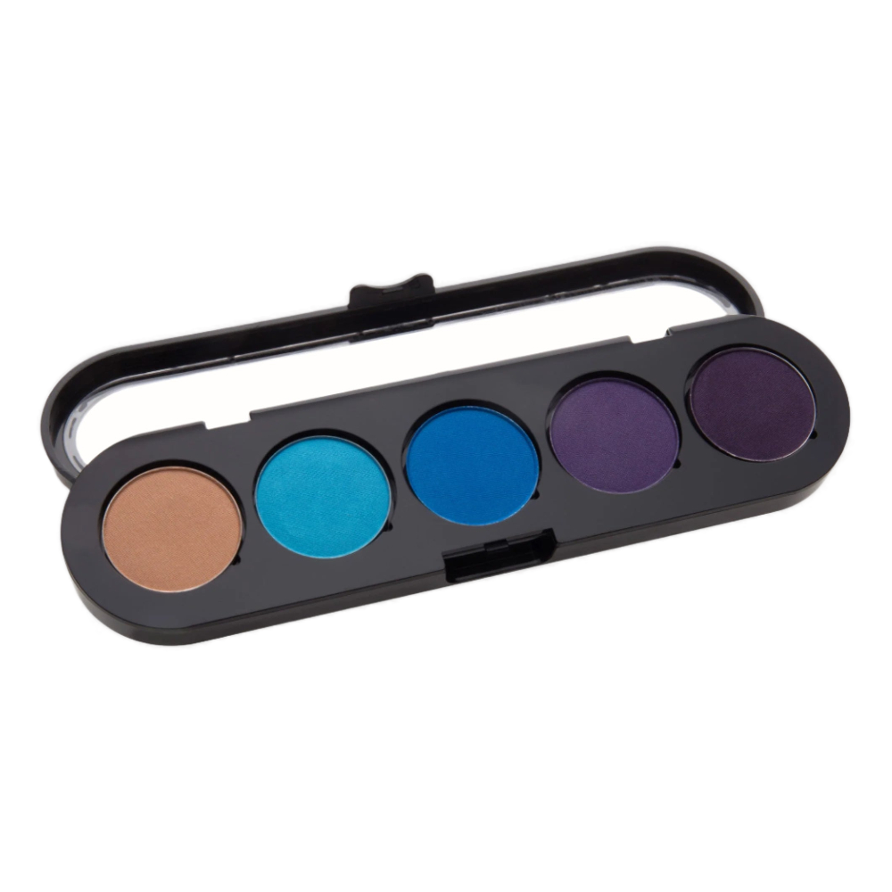 A sleek black eyeshadow palette with five bold shades, including a brown, turquoise, blue, and two shades of purple, housed in a compact case with a clear lid.