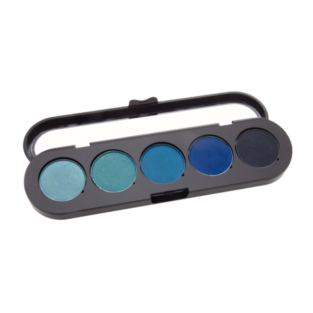 A sleek black eyeshadow palette with five shades of blue, ranging from light silver-blue to dark navy, housed in a compact case with a clear lid.