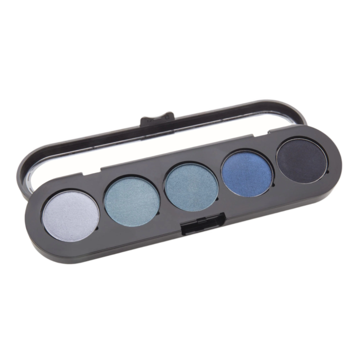 A sleek black eyeshadow palette with five shades of blue, ranging from light silver-blue to dark navy, housed in a compact case with a clear lid.