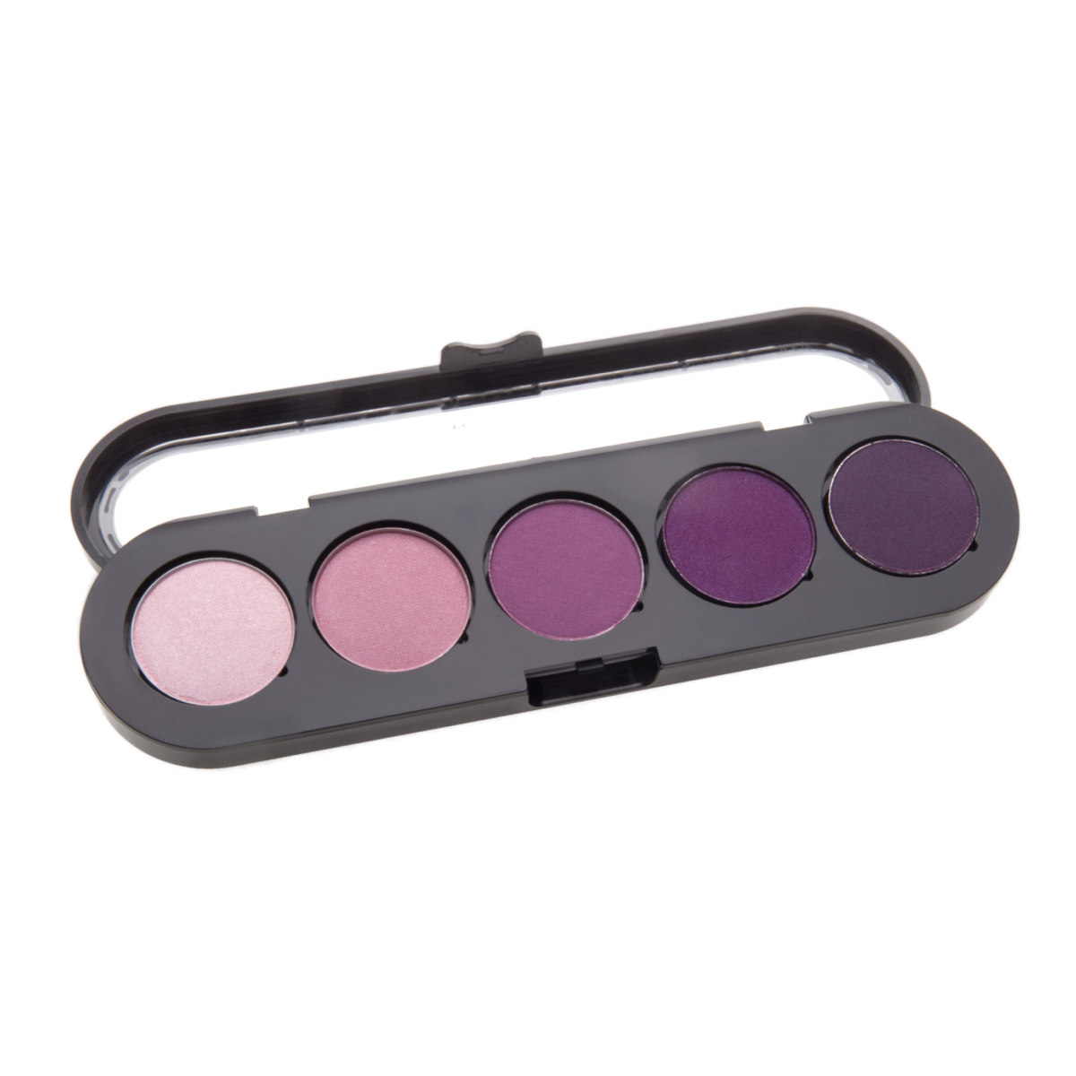 A sleek black eyeshadow palette with five shades of purple, ranging from light to dark, housed in a compact case with a clear lid.