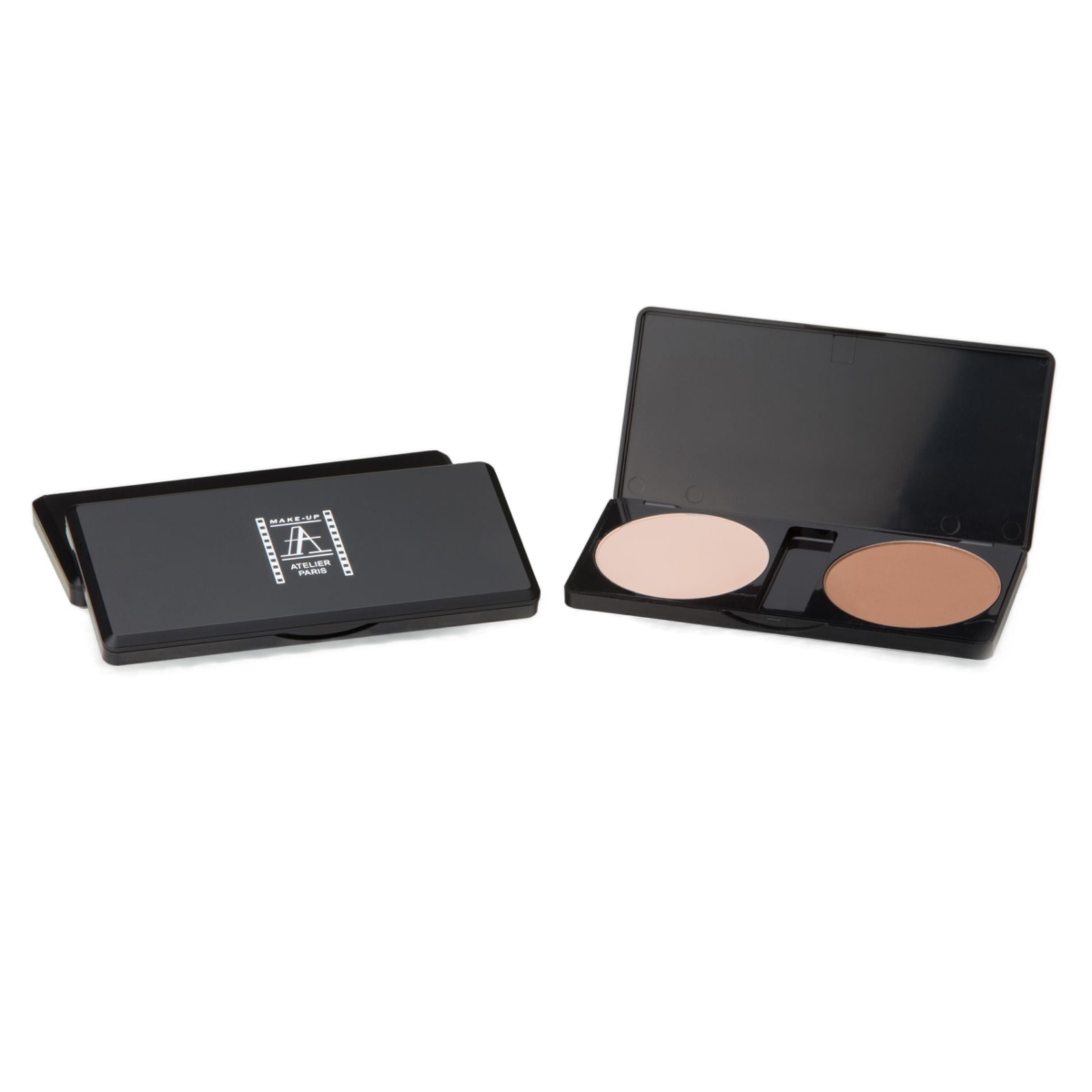
A black, sleek compact case holding two powder shades, one light and one dark, designed for contouring and highlighting. The powders provide a smooth, blendable texture for creating a sun-kissed and sculpted look.
