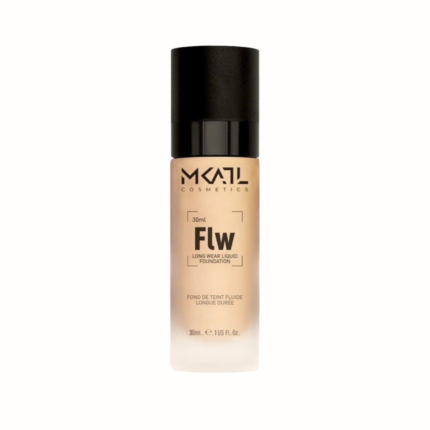 
A sleek, glass bottle with a black cap, containing 30ml of long-wear liquid foundation. The bottle is labeled with "FLW" and "Long Wear Liquid Foundation" in bold lettering, indicating the product's long-lasting coverage.
