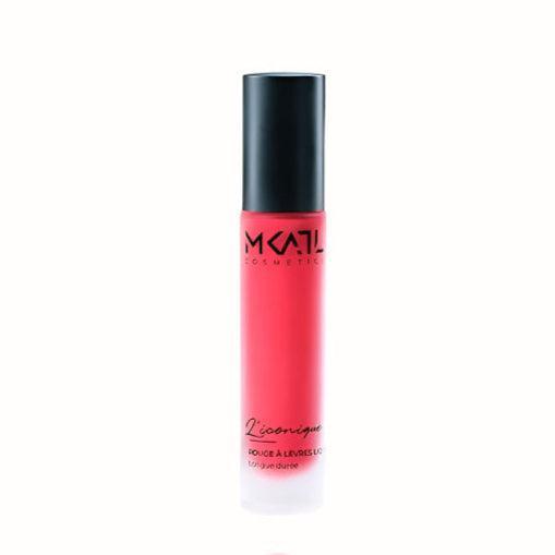 
A sleek, pink liquid lipstick container with a black cap. The container holds a long-wear liquid lipstick, labeled "L'isonique" and "Rouge à Lèvres Liquide" for lasting color.