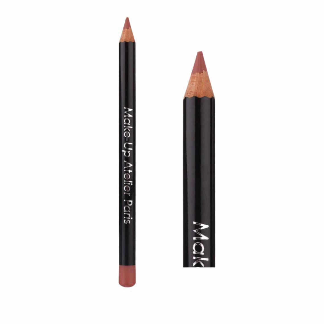 
A sleek black lip liner pencil with a sharpened tip, showcasing a soft pinkish nude color. The pencil is designed for precise application to define lips, with "Make-Up Atelier Paris" engraved on the side.
