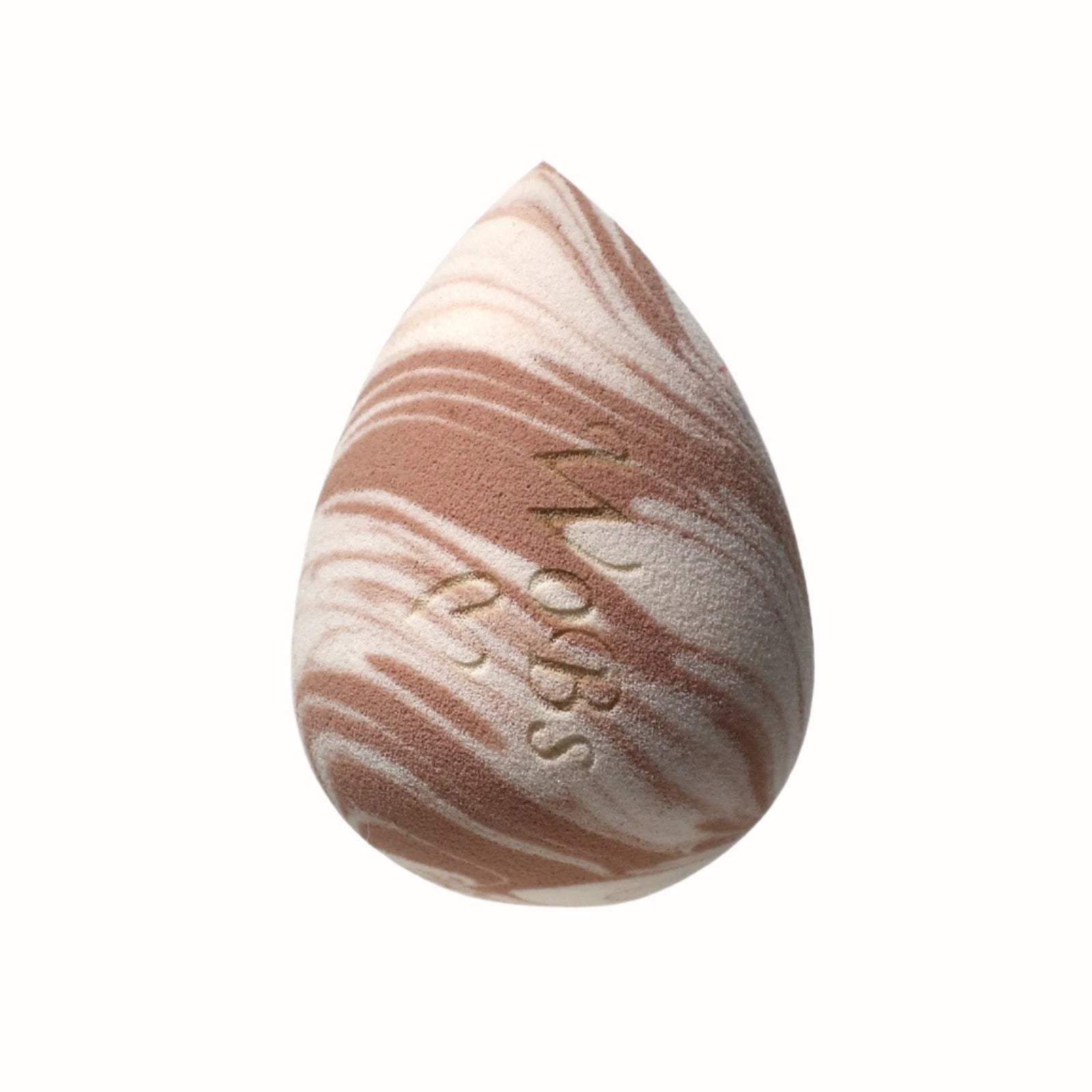 
A teardrop-shaped makeup sponge with a swirled pattern of purple and white. The sponge is soft and designed for applying foundation or other cosmetics for a smooth finish.