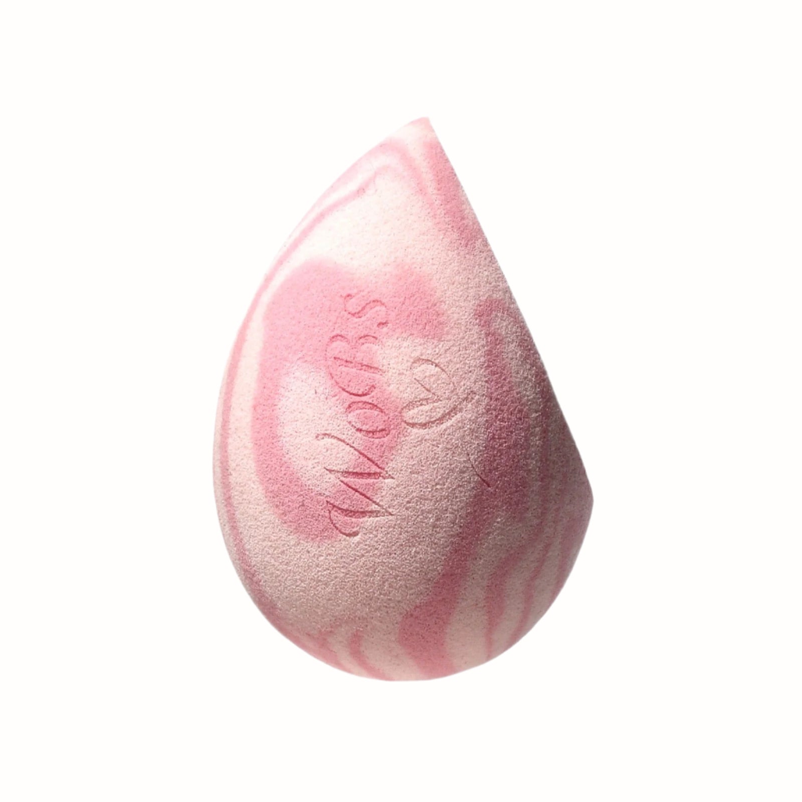 
A teardrop-shaped makeup sponge with a swirled pattern of purple and white. The sponge is soft and designed for applying foundation or other cosmetics for a smooth finish.
